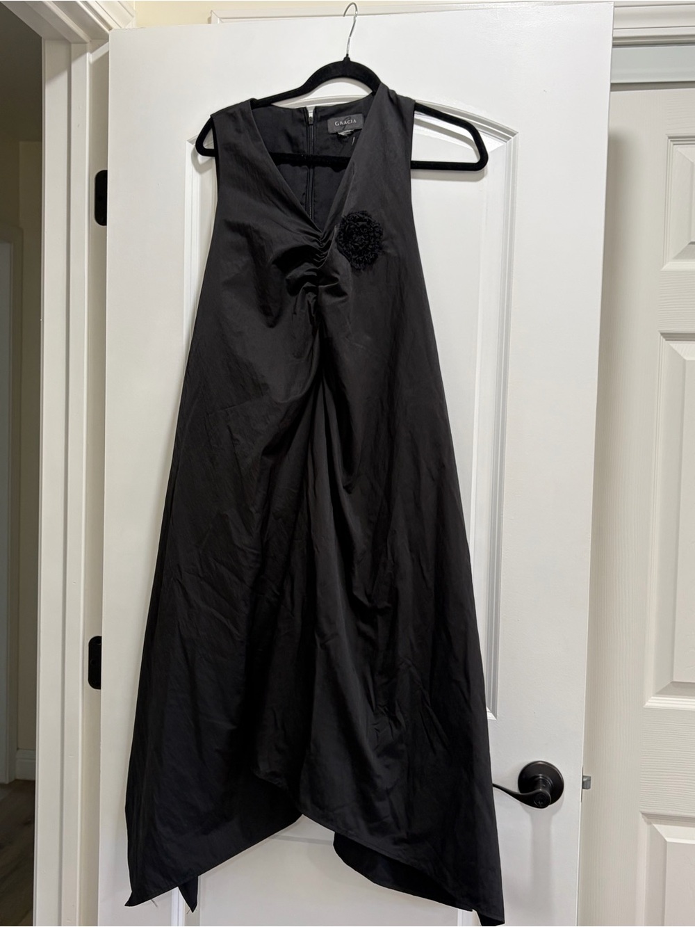 Gracia Black Asymmetrical Handkerchief Hem Dress with 3D Rosette - Size L / XL